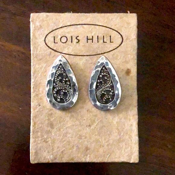 LOIS HILL Sterling Silver Teardrop Hammered Oxidized Granulated Post Earrings - Picture 6 of 6
